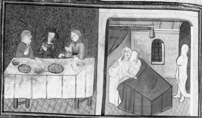 Dekameron, Tingoccio und Meuccio sitzen mit Madame Mita am Tisch; Tingoccio besucht nach seinem Tod Meuccio, um ihm seine Eindrücke aus dem Jenseits zu erzählen. Siebter Tag, Novelle 10 von Giovanni Boccaccio