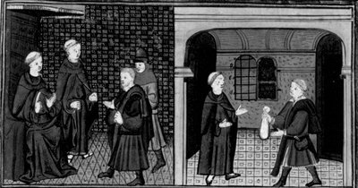 Decameron, Ein Inquisitor verhört einen Mann; der Mann übergibt dem Inquisitor Geld. Erster Tag, Geschichte 6. von Giovanni Boccaccio