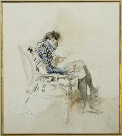 Herr, der in einem Sessel sitzt, ein Buch liest und eine Pfeife raucht von Giovanni Boldini