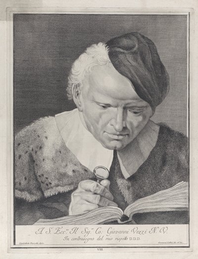 Mann mit Hut liest ein Buch mit einer Lupe, 1743 von Giovanni Cattini