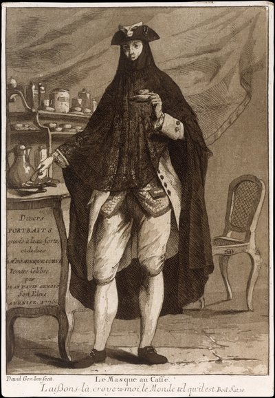 Ein Mann mit Maske trinkt eine Tasse Kaffee (Le Masque au Caffé) von Giovanni David