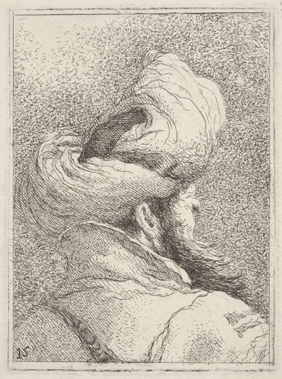 Bärtiger Mann mit Turban, von hinten in Dreiviertelansicht als Büste dargestellt, aus „Sammlung von Köpfen“ (Raccolta di teste) von Giovanni Domenico Tiepolo