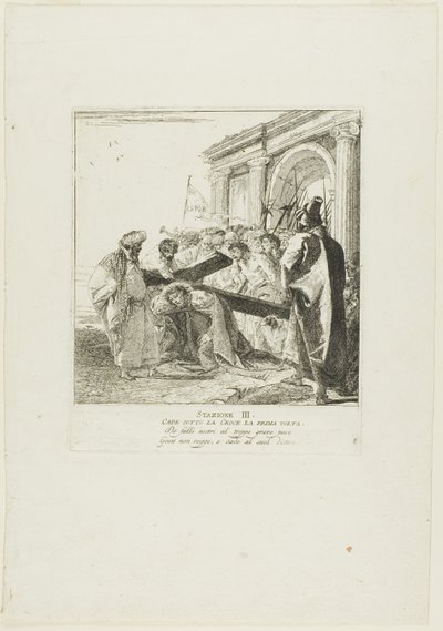 Christus fällt zum ersten Mal unter dem Kreuz, Platte drei aus dem Kreuzweg von Giovanni Domenico Tiepolo
