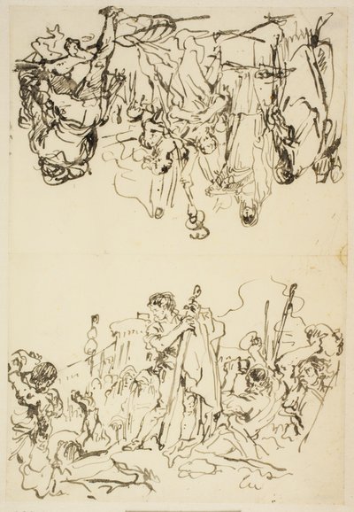 Gefaltetes Blatt mit "Das Martyrium des heiligen Stephanus und Agrippina landet in Brindisi mit der Asche des Germanicus" von Giovanni Domenico Tiepolo