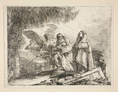 Joseph trägt Jesus in seinen Armen, aus der Serie Idee pittoresche sopra la fuga in Egitto (Flucht nach Ägypten) von Giovanni Domenico Tiepolo