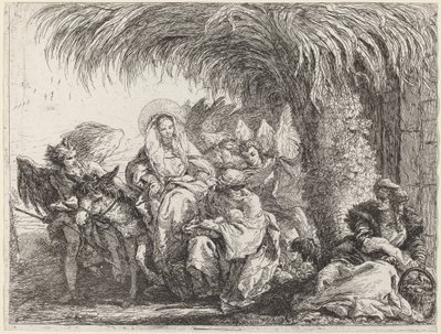 Joseph kniet mit dem Kind vor Maria auf dem Esel von Giovanni Domenico Tiepolo