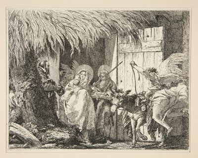 Joseph und Maria vor einem Haus, aus der Serie Malerische Ideen zur Flucht nach Ägypten von Giovanni Domenico Tiepolo