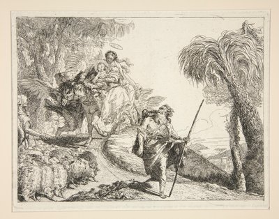 Joseph mit der Jungfrau und dem Kind, aus der Serie Idee pittoresche sopra la fuga in Egitto (Flucht nach Ägypten) von Giovanni Domenico Tiepolo