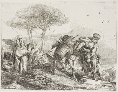 Maria, von zwei Engeln unterstützt, folgt Joseph mit dem Esel, Platte 25 aus Die Flucht nach Ägypten von Giovanni Domenico Tiepolo