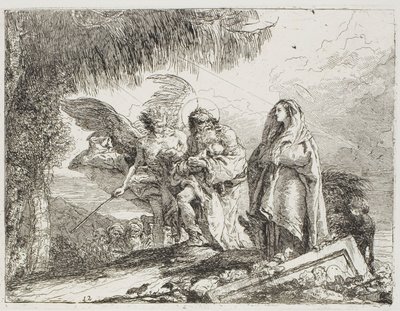 Maria und Joseph, das Kind haltend, werden von einem Engel begleitet, Tafel zwölf aus Die Flucht nach Ägypten von Giovanni Domenico Tiepolo