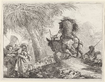 Die Flucht, Joseph rechts und Maria und Engel links von Giovanni Domenico Tiepolo