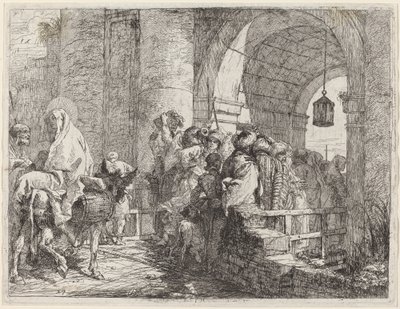 Die Heilige Familie erreicht ein Stadttor von Giovanni Domenico Tiepolo