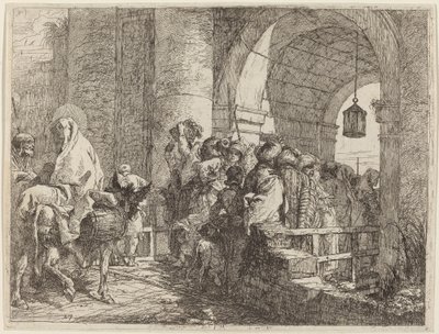 Die Heilige Familie erreicht ein Stadttor von Giovanni Domenico Tiepolo