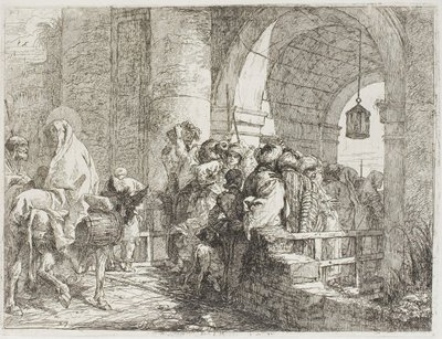 Die Heilige Familie kommt an einem Stadttor an, Platte 27 aus Die Flucht nach Ägypten von Giovanni Domenico Tiepolo