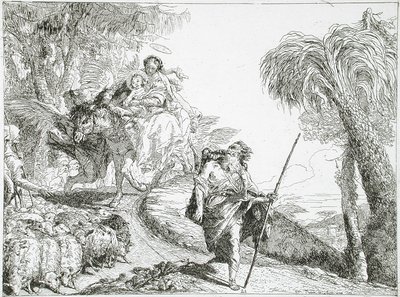 Die Heilige Familie steigt einen Waldweg hinab, nahe einer Herde und einigen Hirten von Giovanni Domenico Tiepolo