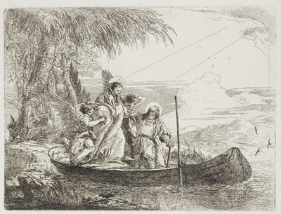 Die Heilige Familie betritt das Boot mit Hilfe der Engel, Platte sechzehn aus Die Flucht nach Ägypten von Giovanni Domenico Tiepolo