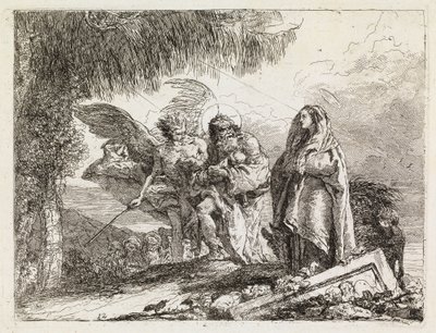 Die Heilige Familie von einem Engel begleitet (Die Flucht nach Ägypten XII) von Giovanni Domenico Tiepolo