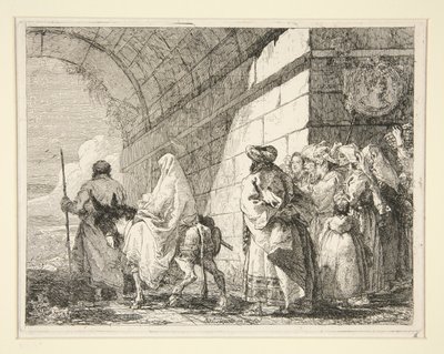 Die Heilige Familie unter einem Bogen hindurchgehend, die Stadt durch ein Tor verlassend, aus der Serie Idee pittoresche sopra la fuga in Egitto (Flucht nach Ägypten) von Giovanni Domenico Tiepolo