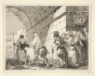 Die Heilige Familie unter einem Bogen, verlässt ein Stadttor, aus der Serie Idee pittoresche sopra la fuga in Egitto (Flucht nach Ägypten) von Giovanni Domenico Tiepolo