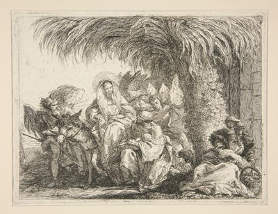Die Heilige Familie unter einer Palme, aus der Serie Idee pittoresche sopra la fuga in Egitto (Flucht nach Ägypten) von Giovanni Domenico Tiepolo