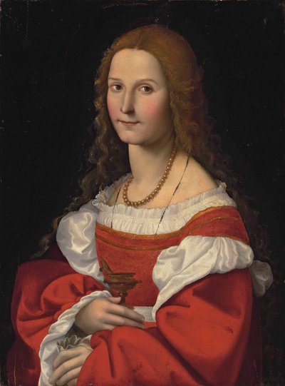Porträt einer Dame als Maria Magdalena, halblang, in einem roten Kleid und mit Perlenkette von Giovanni Francesco Caroto