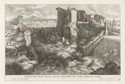 Landschaft mit Wasserfall und Tempel der Tiburtinischen Sibylle in Tivoli von Giovanni Francesco Venturini