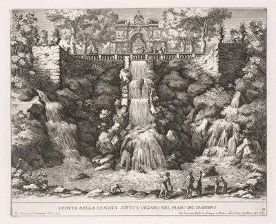 Die Brunnen von Rom (Le fontane di Roma), Buch IV, Platte 21: Ansicht des Wasserfalls unterhalb der Orgel aus dem Garten (Veduta della Cascata Sotto L