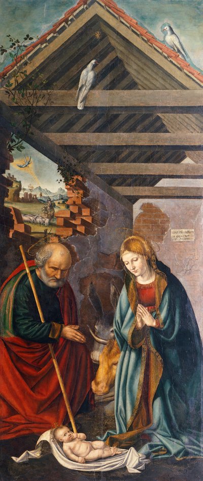 Anbetung des Kindes, zentrales Panel des Triptychons, das die Geburt mit den Heiligen Franziskus und Bartholomäus mit zwei Stiftern darstellt von Giovanni Girolamo Savoldo