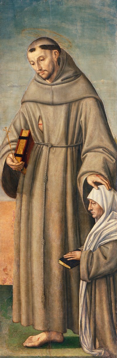 St. Franziskus und Kommissar, Scharnier des Triptychons, das die Geburt Christi mit den Heiligen Franziskus und Bartholomäus mit zwei Stiftern darstellt von Giovanni Girolamo Savoldo