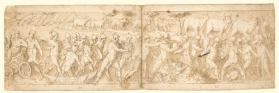 Barbarische Flüchtlinge und ihre Tiere werden aus ihrem Versteck geholt (CXVI); oben links das Ende einer Kartusche mit einer Schriftrolle (Guerra
