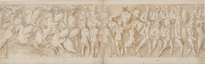 Römische Kavallerie (LXV); ein abgetrennter Kopf (von Guerra als Gefangener interpretiert) und ein deutscher Gefangener werden vor den Kaiser gebracht (LXVI); vorrückende Römer (LXVII) von Giovanni Guerra