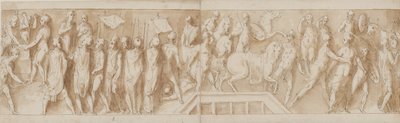 Römische Soldaten bauen ein Lager (Ende von LXXXII); eine Ansprache (LXXXIII); Römer überqueren einen Fluss auf einer Pontonbrücke (LXXXIV); Frauen werden gefangen genommen (Anfang von LXXXV) von Giovanni Guerra
