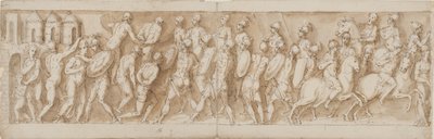 Sarmatische Anführer werden von den Römern überrascht und ihre Häuser in Brand gesetzt (CII); die Ankunft der Legionäre und des Kaisers (von Guerra weggelassen) (CIII) von Giovanni Guerra