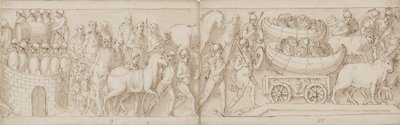 Die belagerten Römer erhalten Verstärkung von der anderen Seite (Ende von CIX, CX), die Römer marschieren mit dem Kaiser; Schilde in Booten werden auf Ochsenkarren über eine Brücke gezogen von Giovanni Guerra