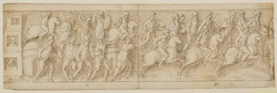 Drei Sänften (Ende von XLII); die Römer greifen die Behausung eines Häuptlings an (XLIII); die Römer marschieren zurück ins Lager (XLIV) von Giovanni Guerra