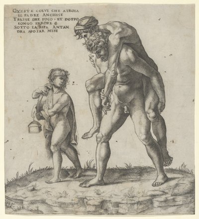 Aeneas rettet Anchises, ein Junge trägt links eine Laterne, ca. 1525 von Giovanni Jacopo Caraglio