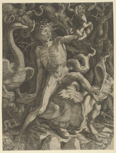 Wut personifiziert als alter Mann, der ein Monster reitet und einen Schädel in der linken Hand hält, ca. 1520-39 von Giovanni Jacopo Caraglio
