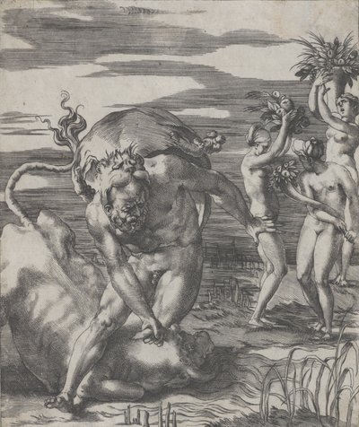 Herkules besiegt den Flussgott Achelous in Form eines Stiers, mit drei Frauen t..., ca. 1526-27 von Giovanni Jacopo Caraglio
