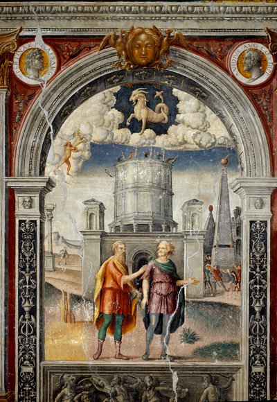 Sternzeichen: „Der Steinbock“ Oben Medaillons mit Porträts des Kaisers Publius Helvius Pertinax und des römischen Generals Aidius Cassius. Unten, Legende, die mit der Geburt des Sternbildes verbunden ist, das dem Zeichen entspricht: der Gott Jupiter und Pa von Giovanni Maria Falconetto