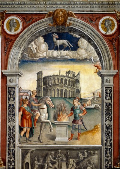 Sternzeichen: „Der Widder“ Oben Medaillons mit Porträts von Julius Caesar und Augustus. Unten, Legende zur Entstehung der Konstellation des Zeichens: Caius Mucius Scaevola im feindlichen Lager des etruskischen Königs von Giovanni Maria Falconetto