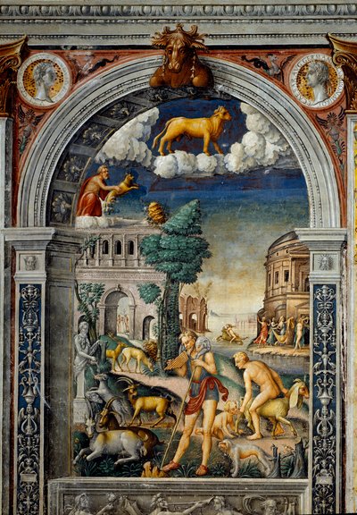 Sternzeichen: „Der Stier“ Oben Medaillons mit Porträts von Tiberius und Caligula. Unten, Legende zur Entstehung der Konstellation des Zeichens: der Gott Pan spielt die Flöte. Links legt eine Ziege ein Junges nieder von Giovanni Maria Falconetto