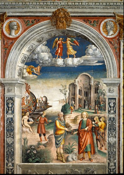 Sternzeichen: „Die Zwillinge“ Unten, Legende zur Geburt der Konstellation, die dem Zeichen entspricht: zwei Männer tauschen eine Artischocke und Blumen. Eine Frau küsst einen Vogel, Männer im Hintergrund kamen der Gott Neptun. Oberes Medaillon mit Por von Giovanni Maria Falconetto
