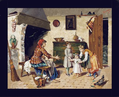 Bildplatte, die eine Hüttenszene mit Mutter, zwei jungen Mädchen und einem Kleinkind zeigt, das seine ersten Schritte macht, Florenz, ca. 1900-10 von Giovanni Montelatici