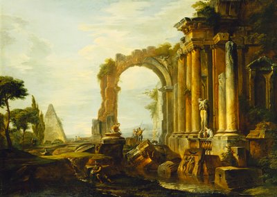 Ein Capriccio klassischer Ruinen mit der Pyramide von Cestius und Figuren in einer Landschaft von Giovanni Paolo Pannini