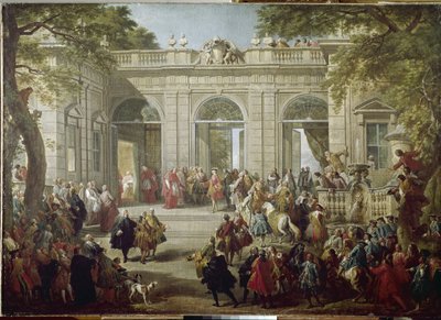 Karl III. von Spanien oder Karl von Bourbon, König von Neapel (Carlo Borbone) (1716-1788) besucht Papst Benedetto XIV im Kaffeehaus des Quirinalspalastes von Giovanni Paolo Pannini