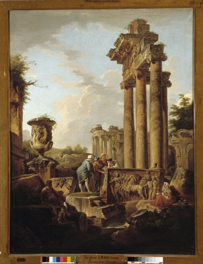 Landschaft mit römischen Ruinen und Überresten eines Saturntempels oder "der Archäologe" von Giovanni Paolo Pannini