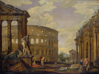 Landschaft mit Herkules und Ruinen des antiken Rom von Giovanni Paolo Panini von Giovanni Paolo Pannini
