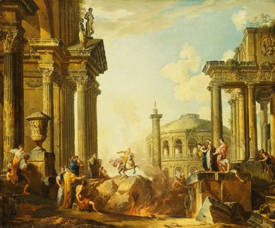 Marcus Curtius springt in den Abgrund, ein Capriccio mit der Trajanssäule und anderen klassischen Gebäuden im Hintergrund von Giovanni Paolo Pannini