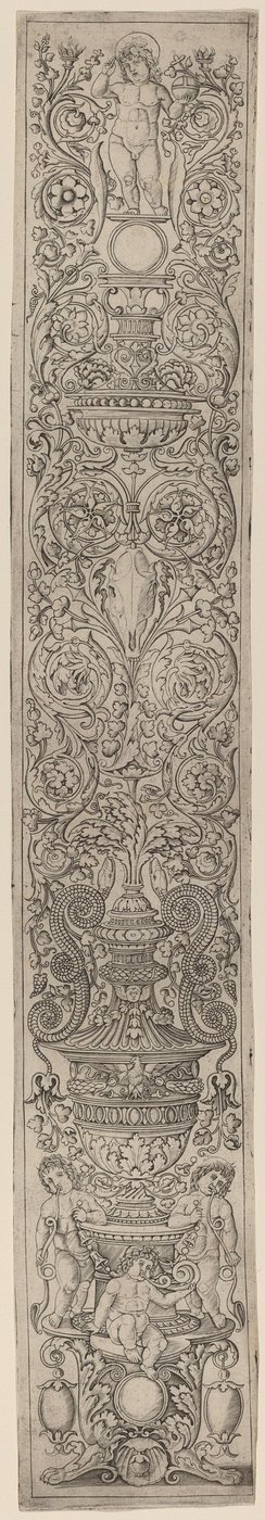 Ornamenttafel: Drei Kinder blasen Hörner von Giovanni Pietro Birago and Zoan Andrea