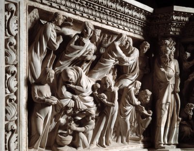 Detail der Reliefs des Stuhls von Giovanni Pisano (1248-1314): Verkündigung, Heimsuchung und Geburt Johannes des Täufers (Detail) von Giovanni Pisano